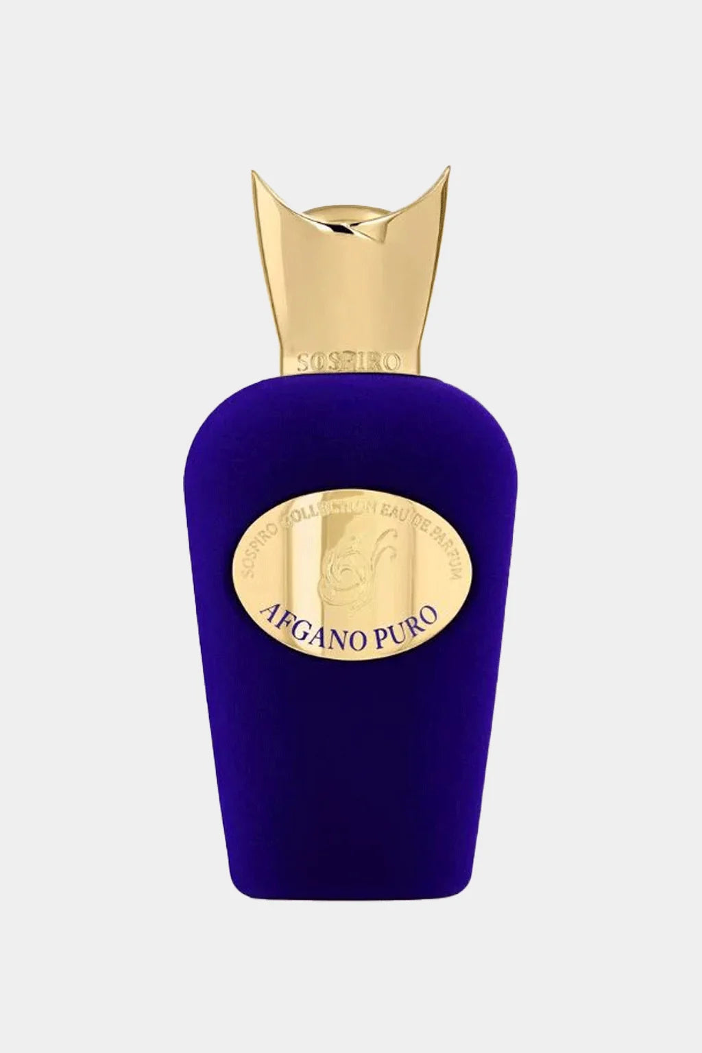 A luxury perfume bottle with a deep purple velvet body and a metallic gold cap and oval label. The label reads 'ARGANO PURO' and 'MUESTEO'.