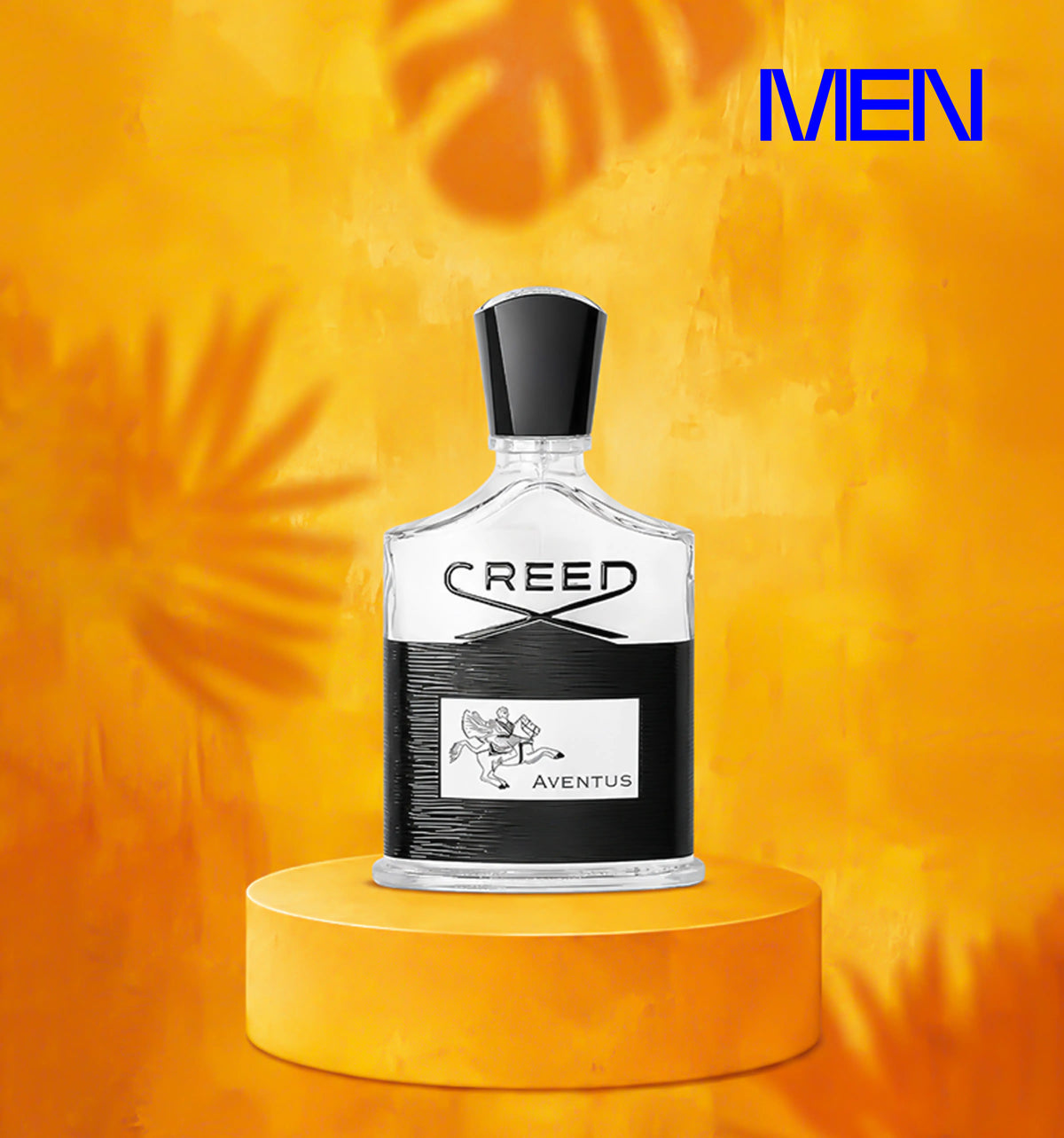 Creed Aventus perfume bottle displayed on a yellow pedestal against a textured orange-yellow background with palm shadow overlays. The bottle has a black cap, a black-and-white label with the Creed logo and Aventus text, and a silver-toned base.